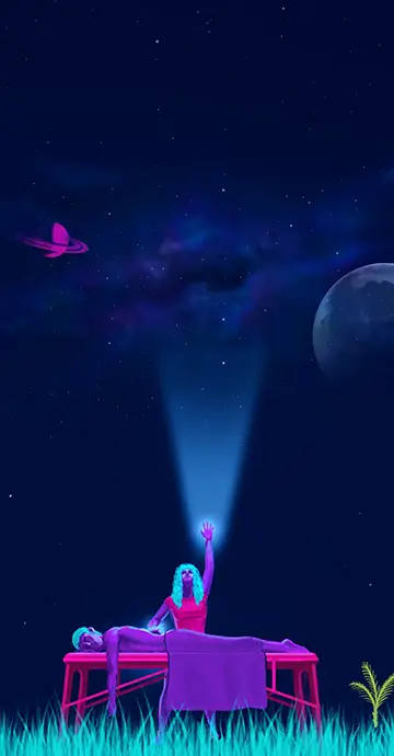 A massage therapist looking up at the night sky filled with stars, planets and a view of the galxxy, her hand is raised surrounded by light channeling energy down to provide relaxation and trauma relief to her client.