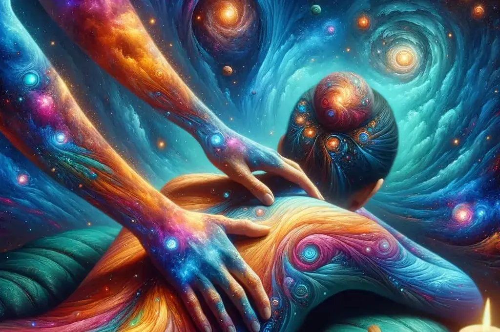 woman receiving a relaxing swedish massage while a galaxy swirls in the background